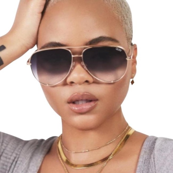 QUAY High Key Sunglasses Gold Rimless Frame Pink Navy Lens Aviators - Picture 2 of 6